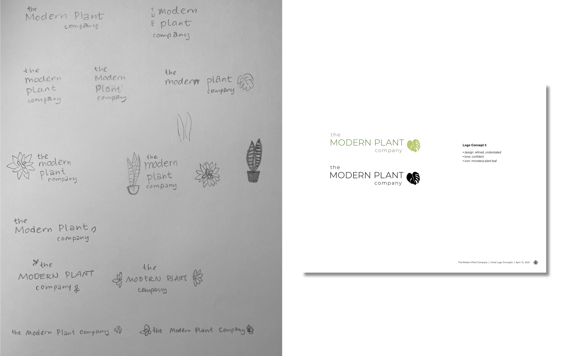 Logo sketches on the left and logo concept 3 on the right.